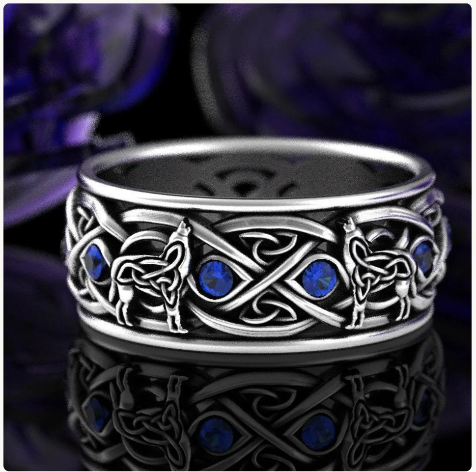 Men's Sterling Silver Wolves Celtic Wedding Band - Alexandrite, 1269