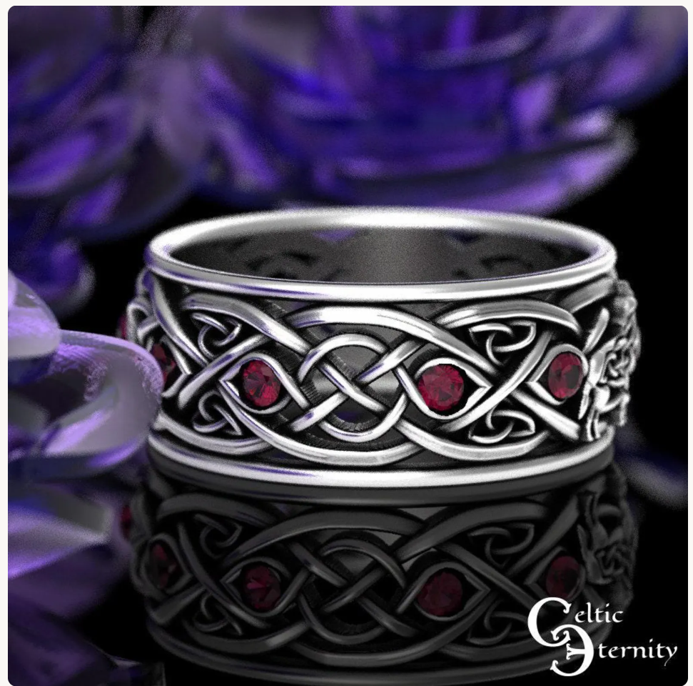 Men's Sterling Silver Wolves Celtic Wedding Band - Alexandrite, 1269