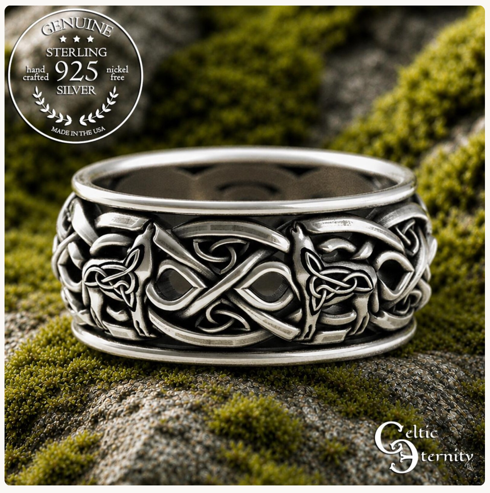 Sterling Silver Men's Celtic Howling Wolves Wedding Band, 4269