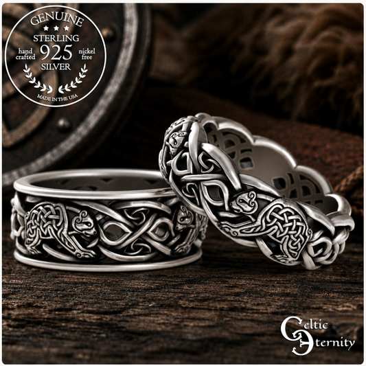 Matching His & Hers Sterling Silver Viking Bear Wedding Band Set, 3094 9021