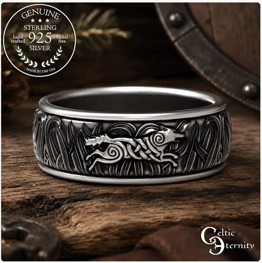 Sterling Silver Men's Irish Running Wolves Wedding Band, 1910