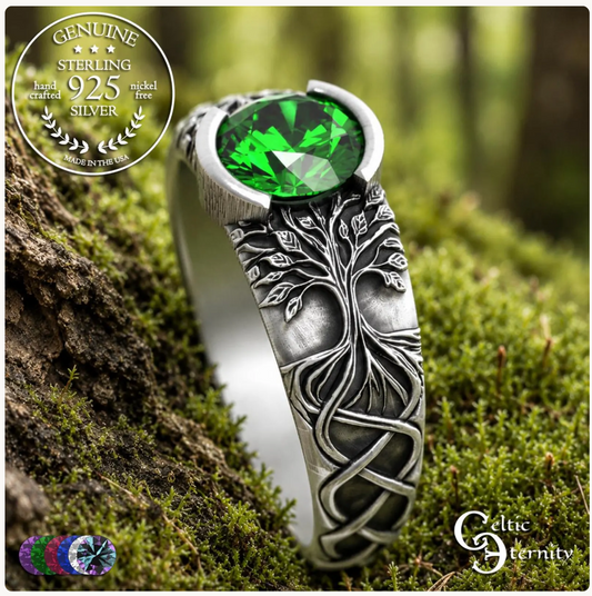 Woman's Sterling Silver Celtic Tree of Life Wedding Ring - Emerald Bezel, 2034
