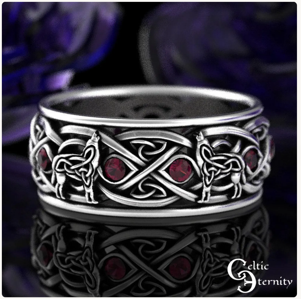 Men's Sterling Silver Wolves Celtic Wedding Band - Alexandrite, 1269
