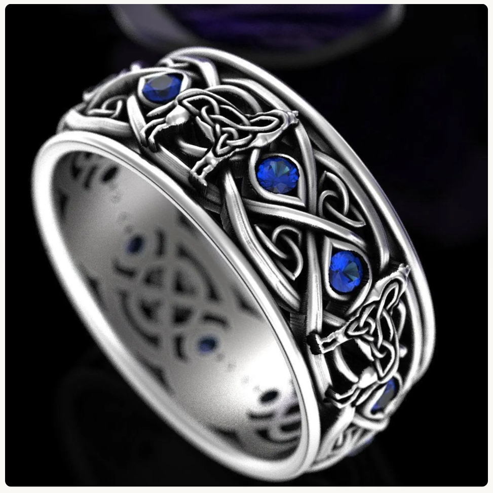 Men's Sterling Silver Wolves Celtic Wedding Band - Alexandrite, 1269