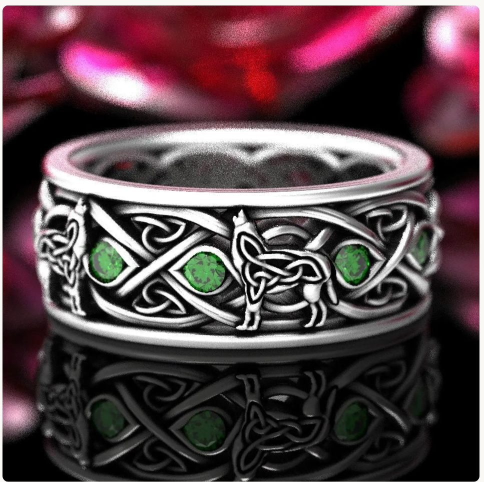 Men's Sterling Silver Wolves Celtic Wedding Band - Alexandrite, 1269