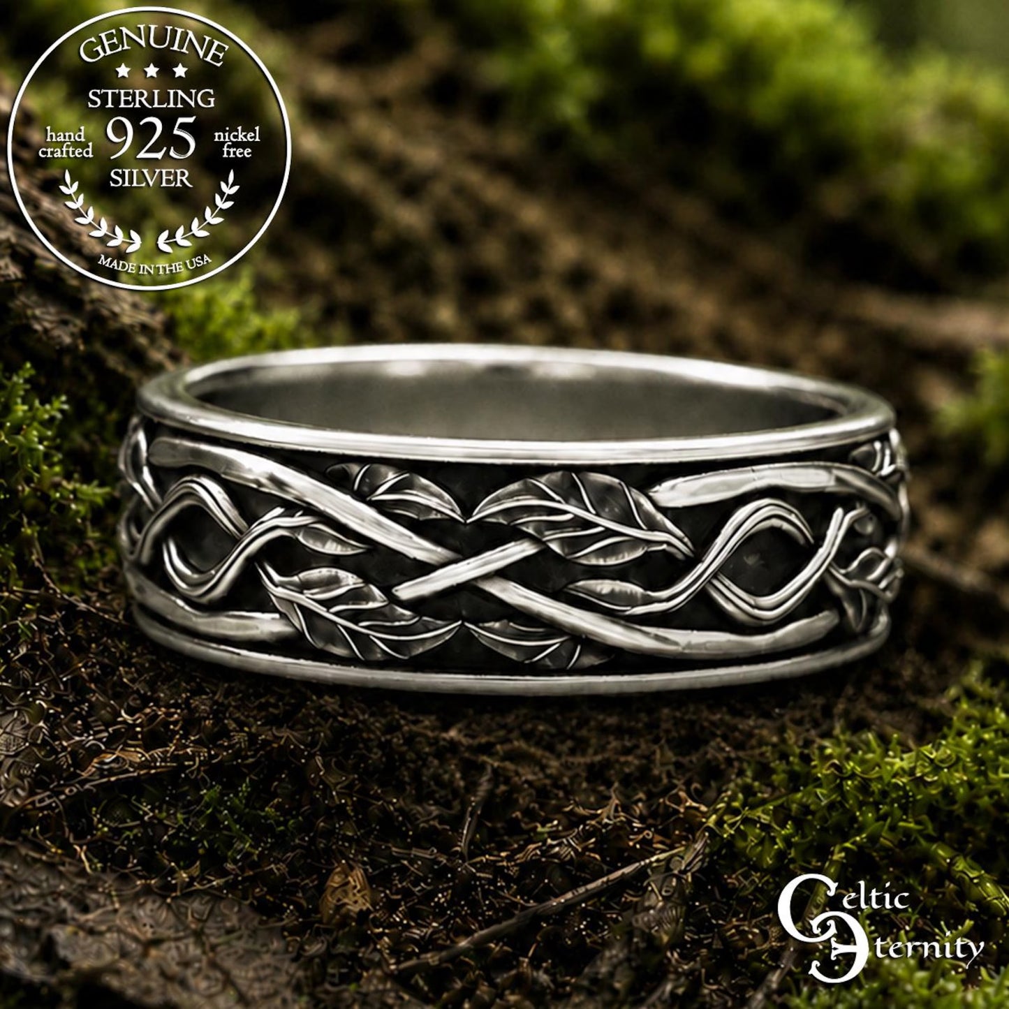 Men's Sterling Silver Celtic Forest Wedding Band, 2051