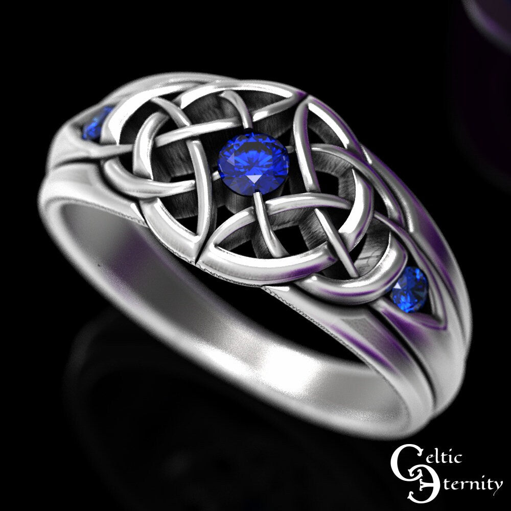Celtic Knotwork Statement Ring with Sapphire & Sterling Silver, 1601