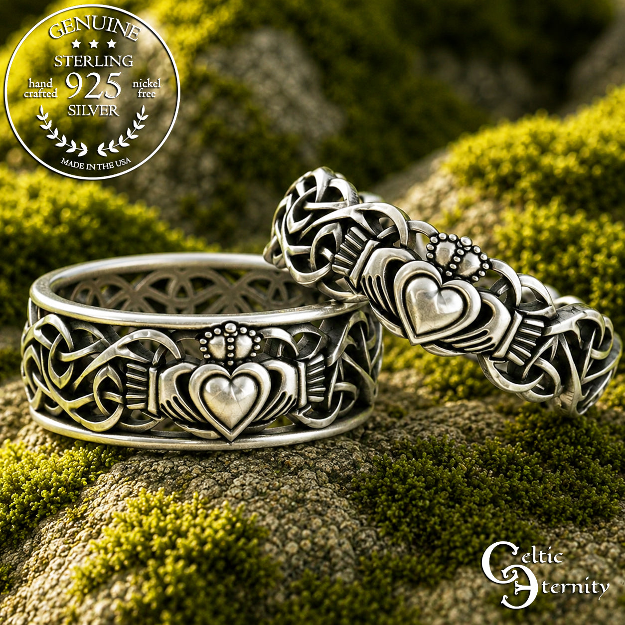 Sterling Matching Knotwork Claddagh Wedding Band Set, 3236 3237