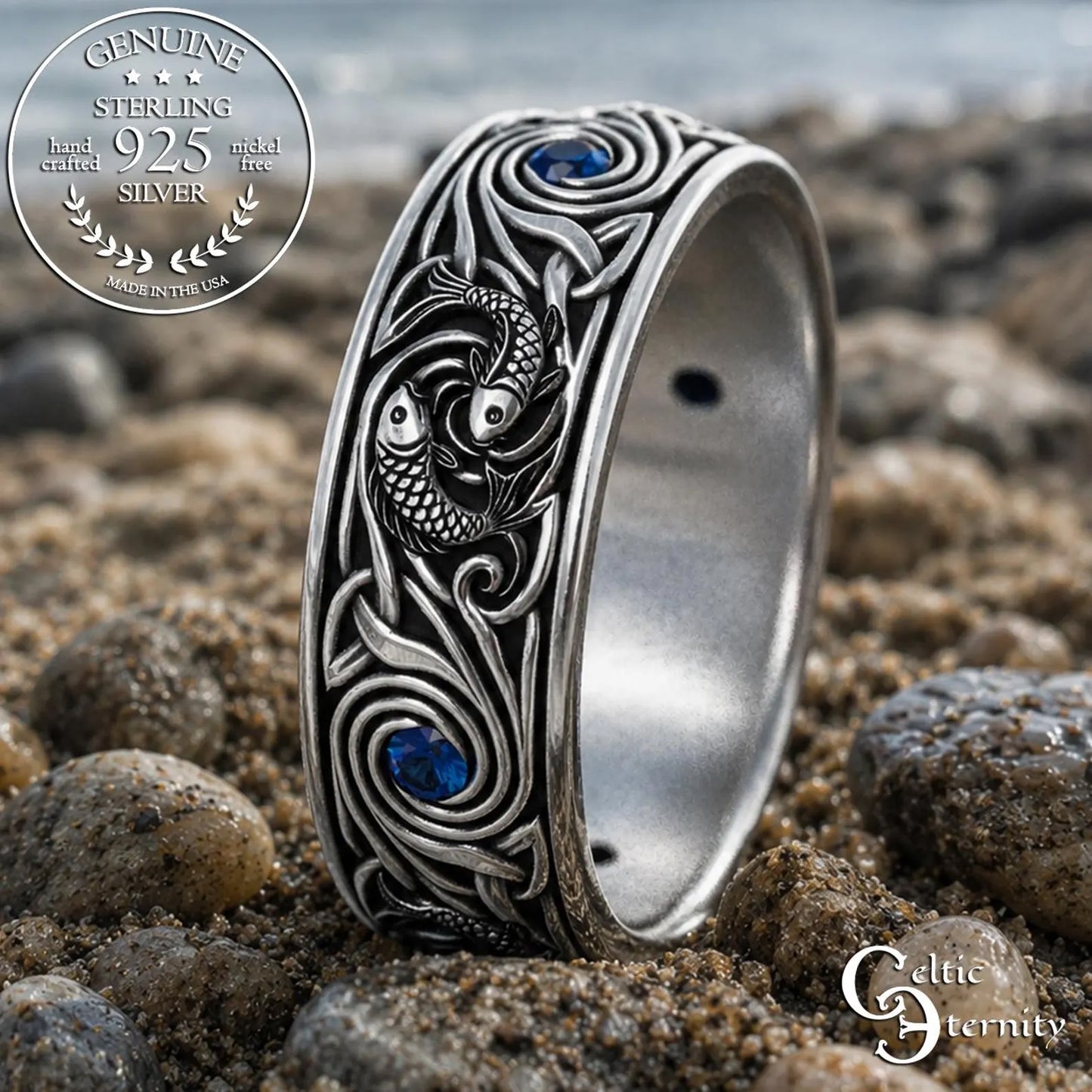 Sterling Silver Men's Koi Fish Wedding Band with Sapphires, 2103