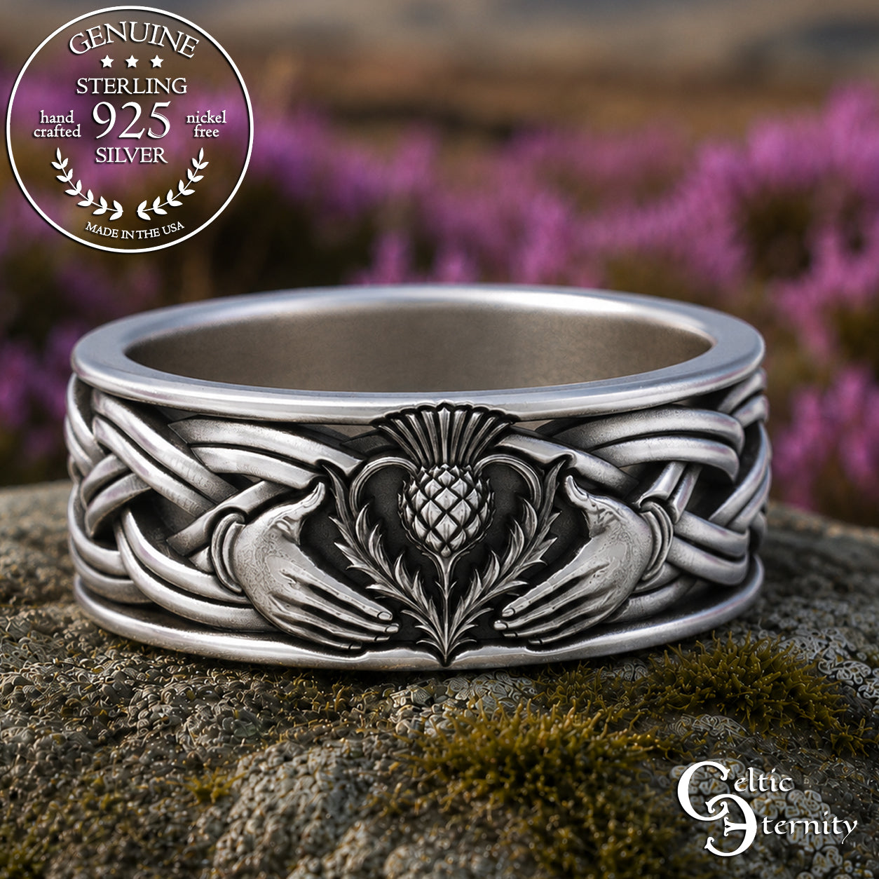 Sterling Men's Scottish Thistle Claddagh Wedding Band, 3359