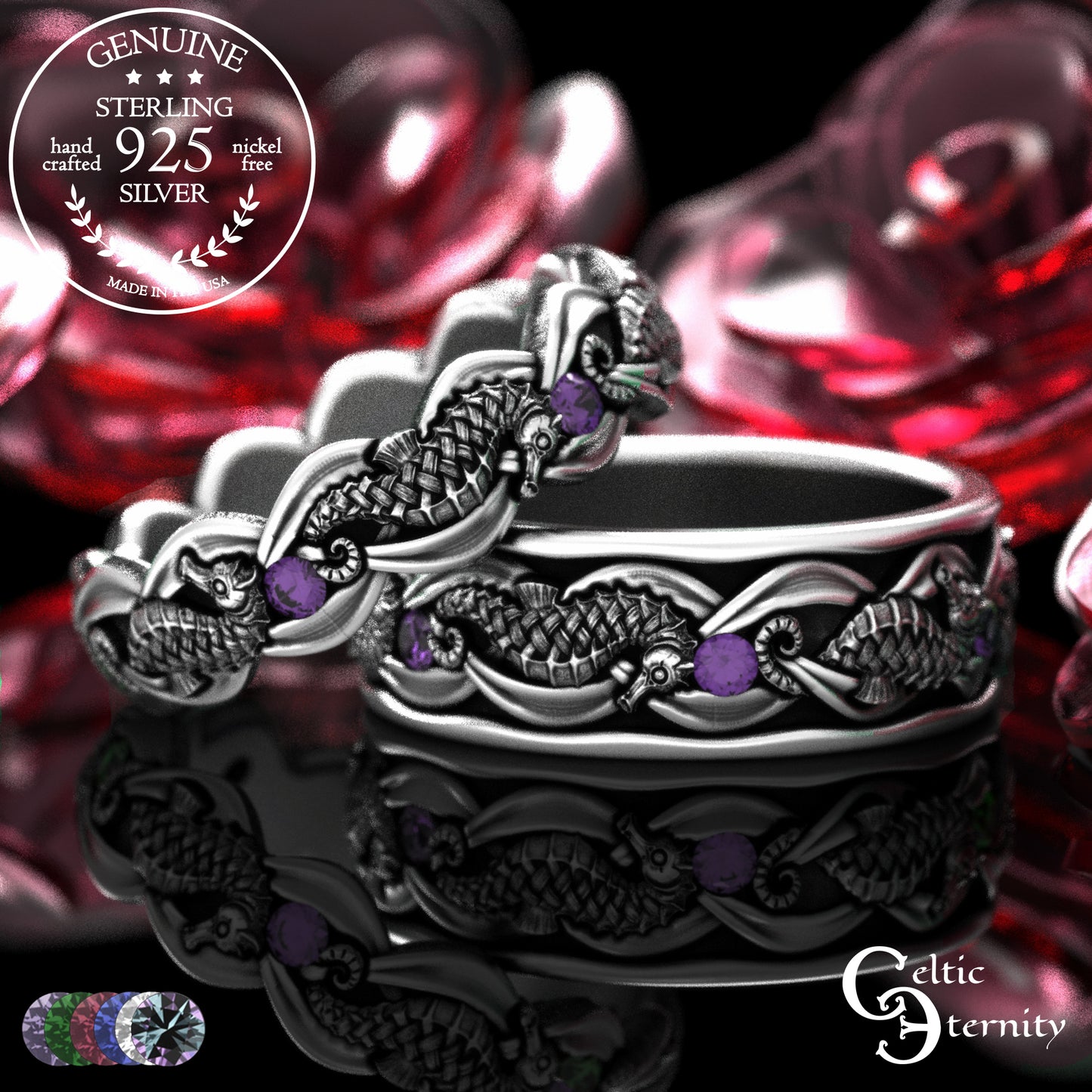 Sterling Silver Seahorse Matching Wedding Band Set - Marine Life, 2104 2105