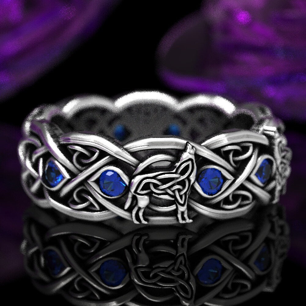Sterling Silver Celtic Wolf Ring with Sapphires, Sapphire Eternity Band, Celtic Wolf Jewelry, Wolf Infinity Ring, Irish Wolf Ring, 1267