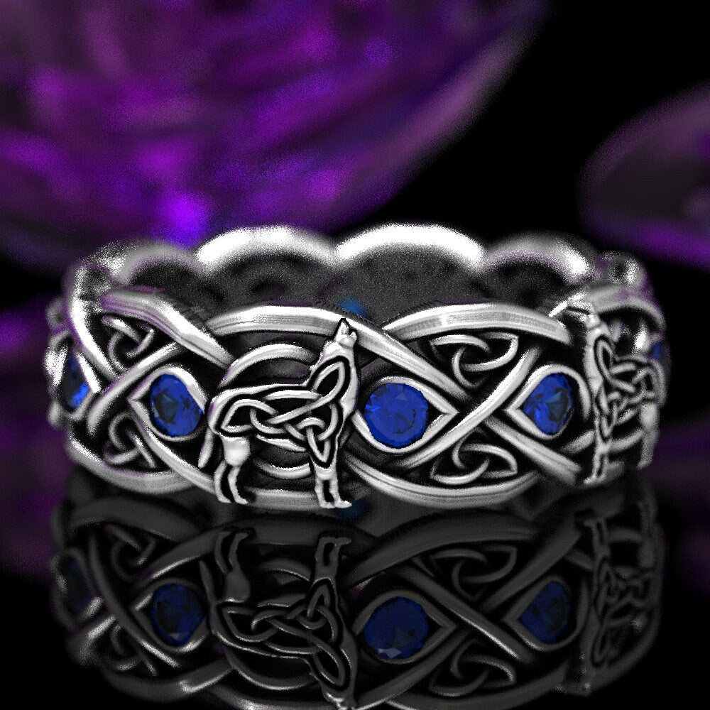 Sterling Silver Celtic Wolf Ring with Sapphires, Sapphire Eternity Band, Celtic Wolf Jewelry, Wolf Infinity Ring, Irish Wolf Ring, 1267