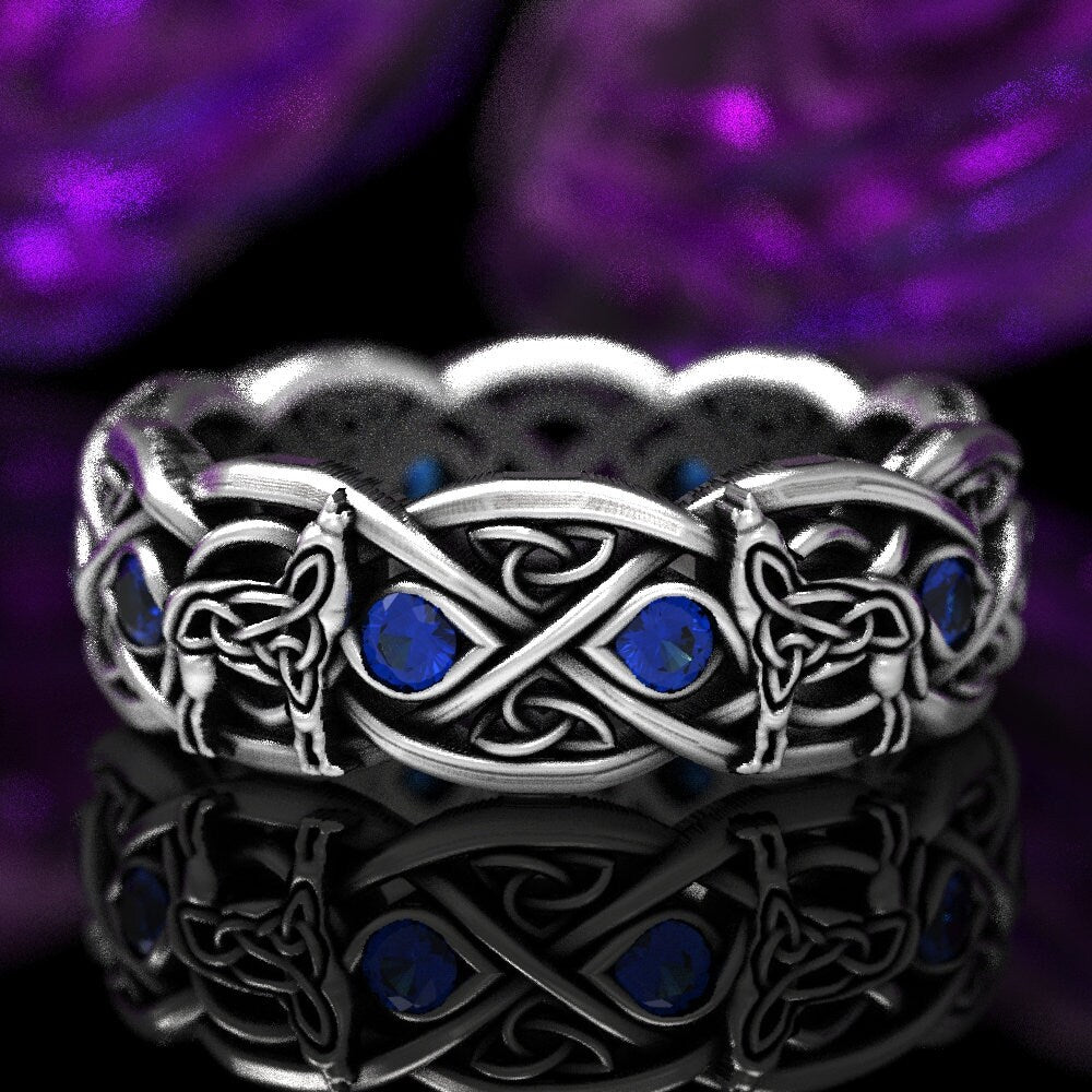 Sterling Silver Celtic Wolf Ring with Sapphires, Sapphire Eternity Band, Celtic Wolf Jewelry, Wolf Infinity Ring, Irish Wolf Ring, 1267
