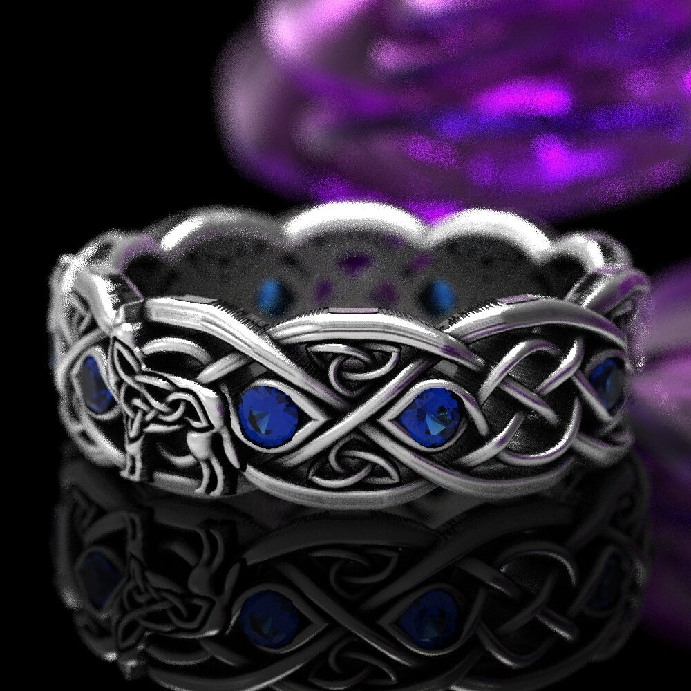 Sterling Silver Celtic Wolf Ring with Sapphires, Sapphire Eternity Band, Celtic Wolf Jewelry, Wolf Infinity Ring, Irish Wolf Ring, 1267