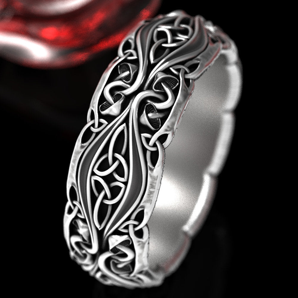 Sterling Celtic Mushroom Ring, Botanical Wedding Band, Silver Mushroom Ring, Unique Plant Ring, Nature Theme Wedding Ring, Shroom Ring, 1379
