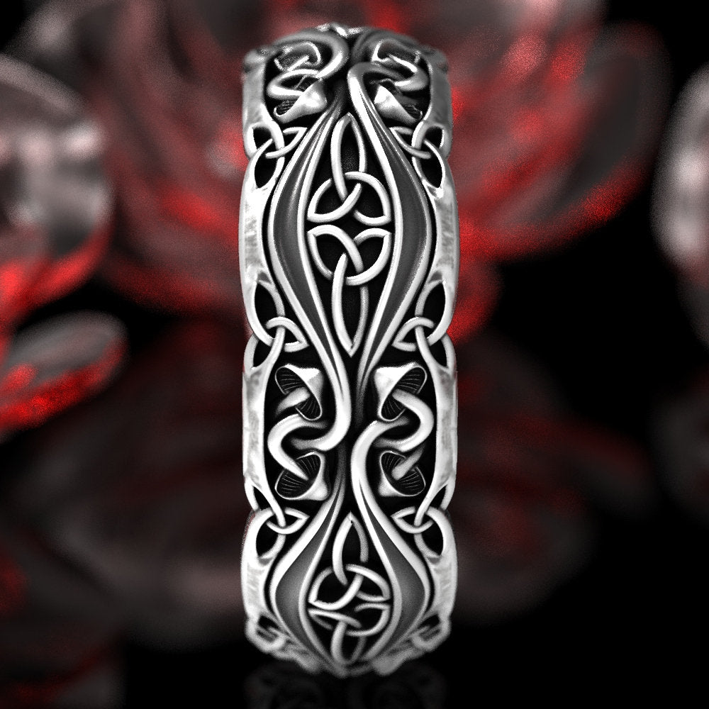 Sterling Celtic Mushroom Ring, Botanical Wedding Band, Silver Mushroom Ring, Unique Plant Ring, Nature Theme Wedding Ring, Shroom Ring, 1379