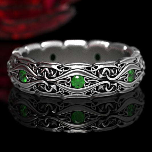 Emerald Celtic Mushroom Ring Sterling Silver, Mushroom Ring, Celtic Emerald Ring, Pagan Wedding Band, Nature Inspired Trinity Knot Ring 1378