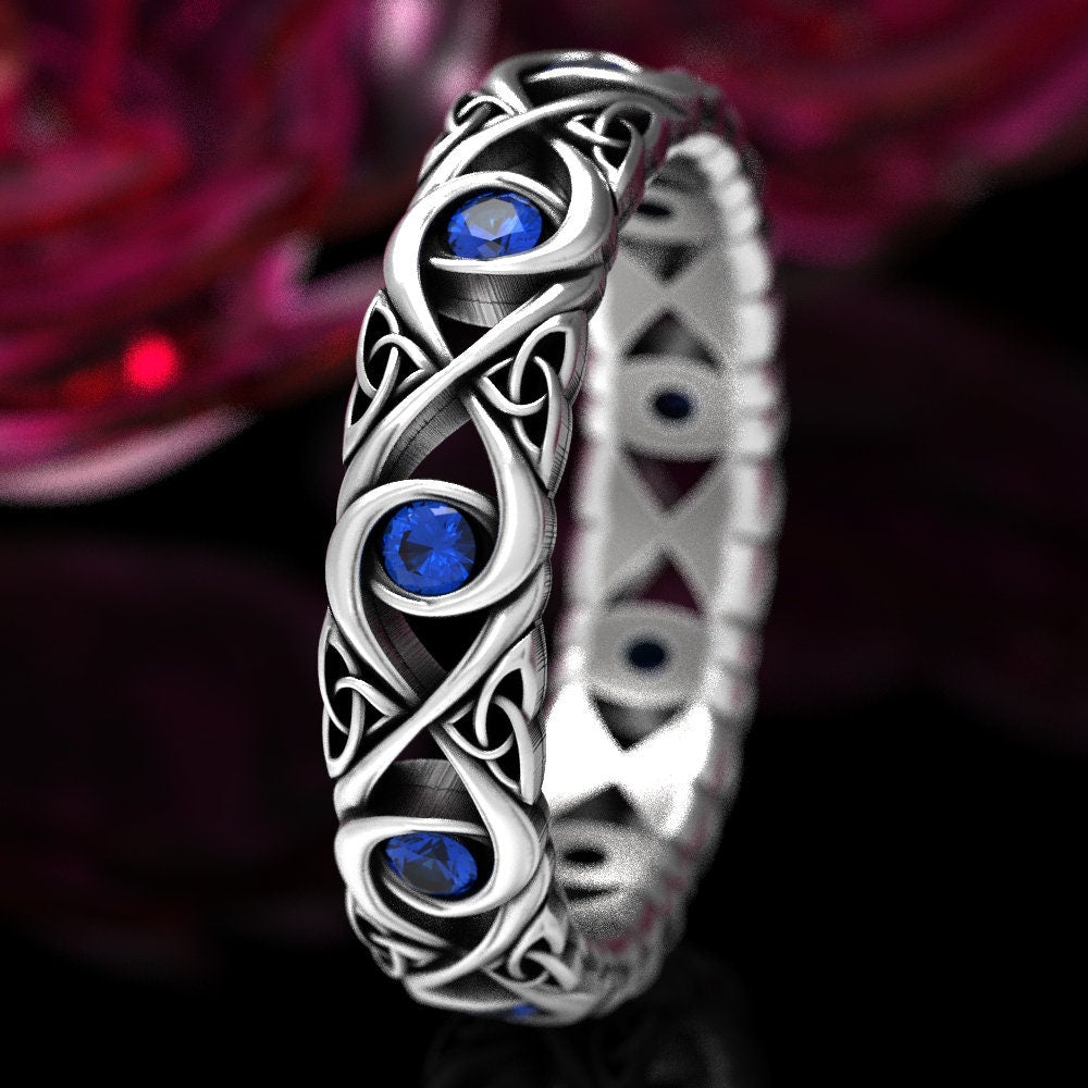 Celtic Knot Ring With Sapphires, Sterling Infinity Knot Ring, Trinity Knot Wedding Band, Celtic Sapphire Wedding Ring, Celtic Ring 1409