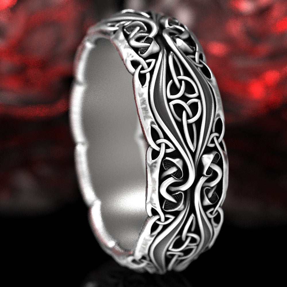 Sterling Celtic Mushroom Ring, Botanical Wedding Band, Silver Mushroom Ring, Unique Plant Ring, Nature Theme Wedding Ring, Shroom Ring, 1379