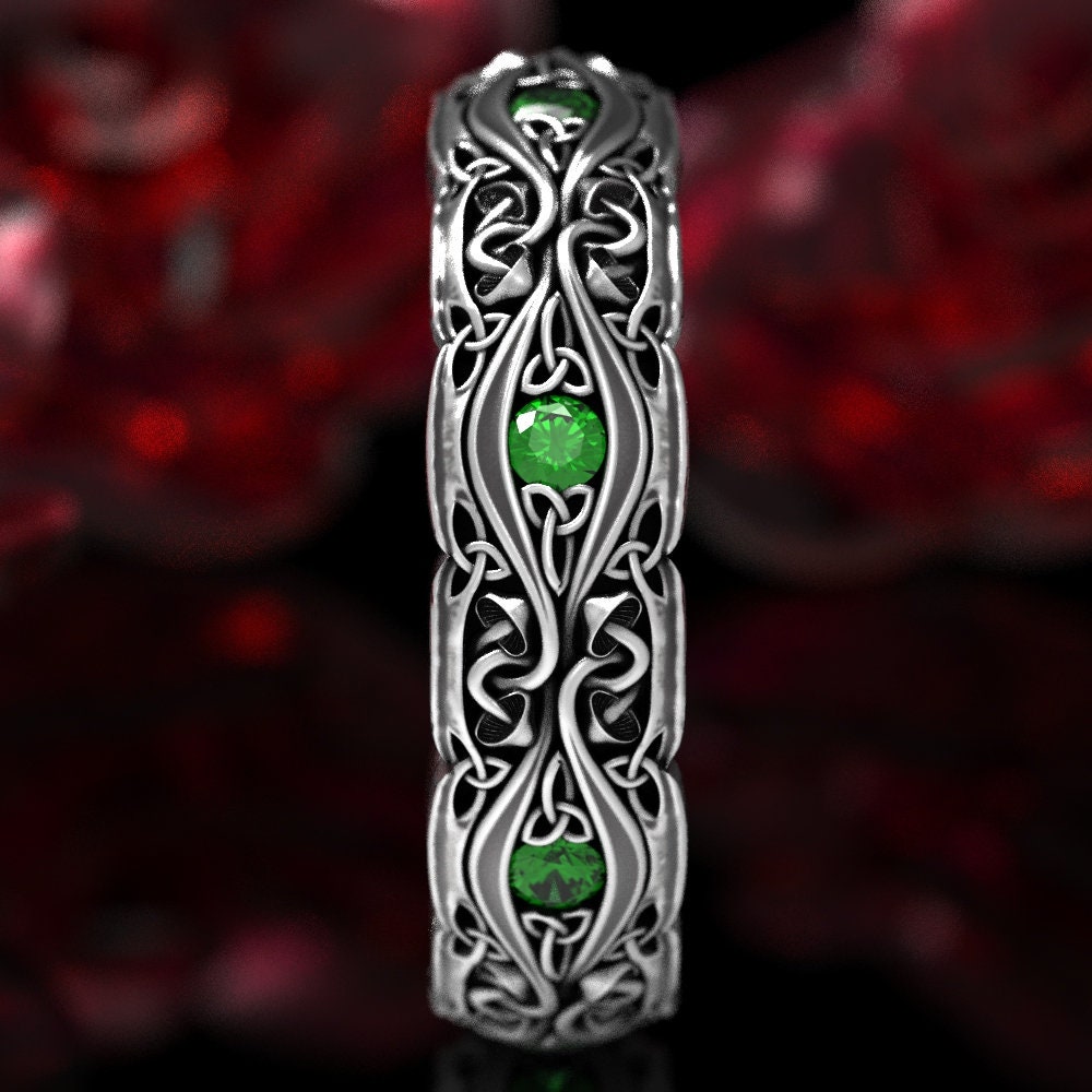 Emerald Celtic Mushroom Ring Sterling Silver, Mushroom Ring, Celtic Emerald Ring, Pagan Wedding Band, Nature Inspired Trinity Knot Ring 1378