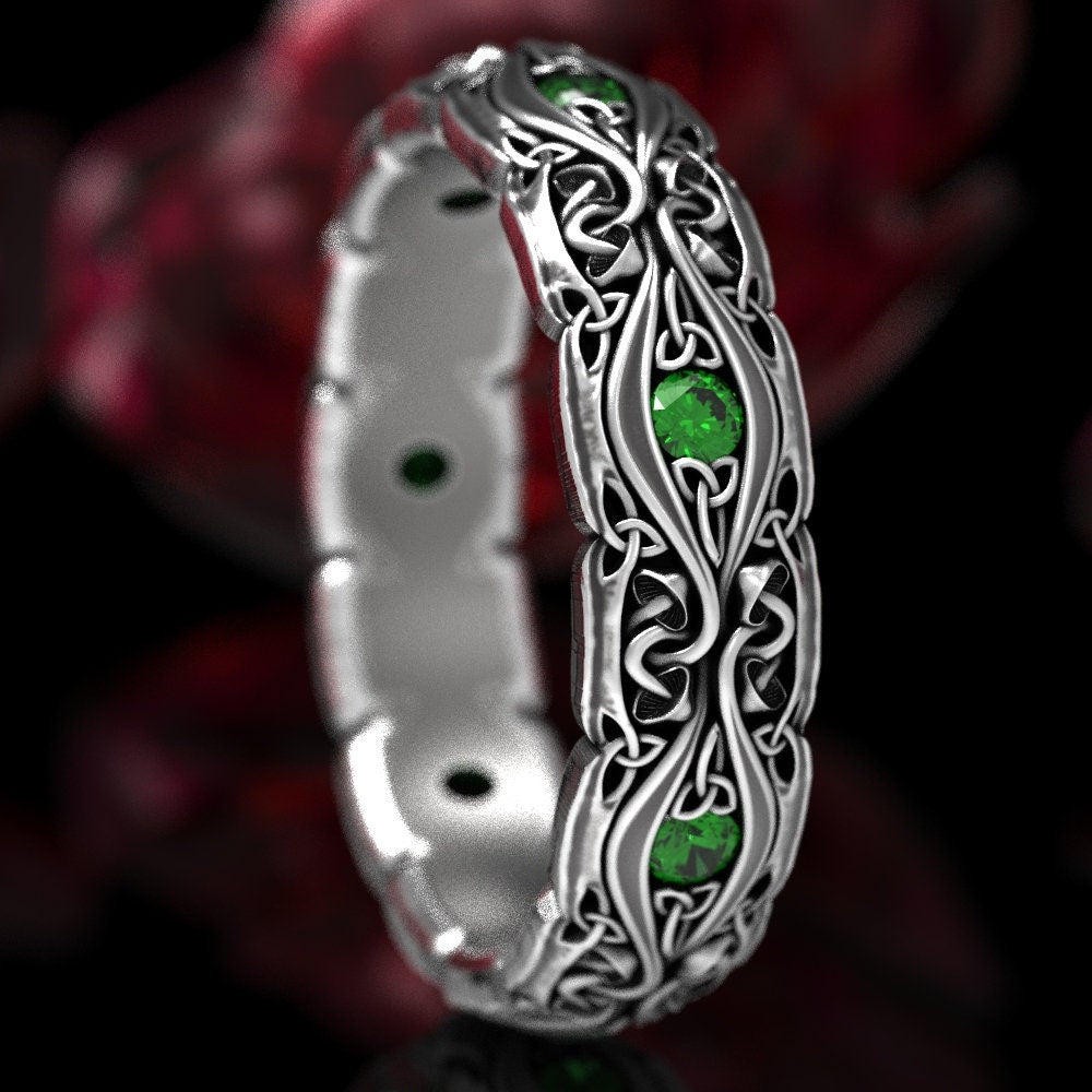 Emerald Celtic Mushroom Ring Sterling Silver, Mushroom Ring, Celtic Emerald Ring, Pagan Wedding Band, Nature Inspired Trinity Knot Ring 1378