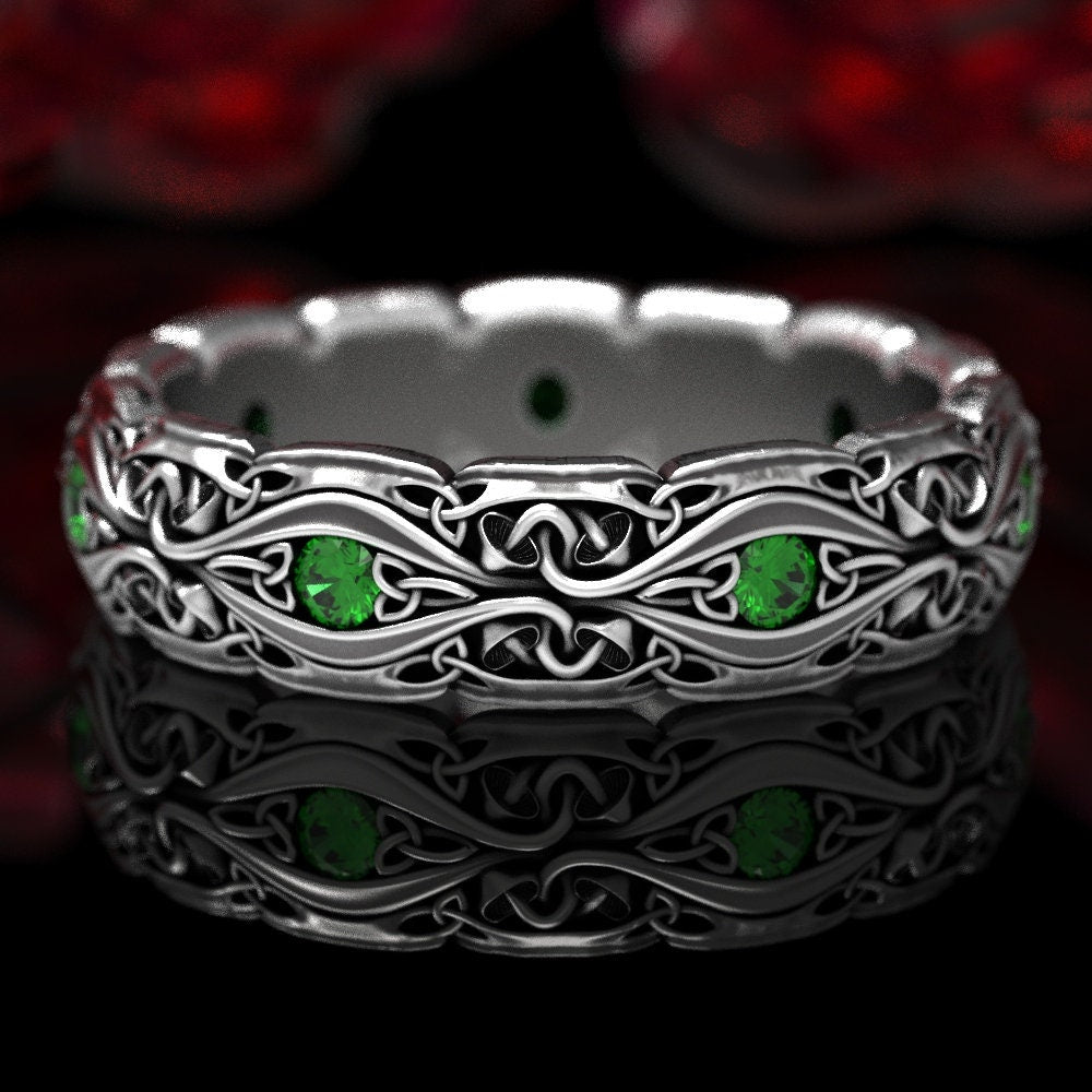 Emerald Celtic Mushroom Ring Sterling Silver, Mushroom Ring, Celtic Emerald Ring, Pagan Wedding Band, Nature Inspired Trinity Knot Ring 1378