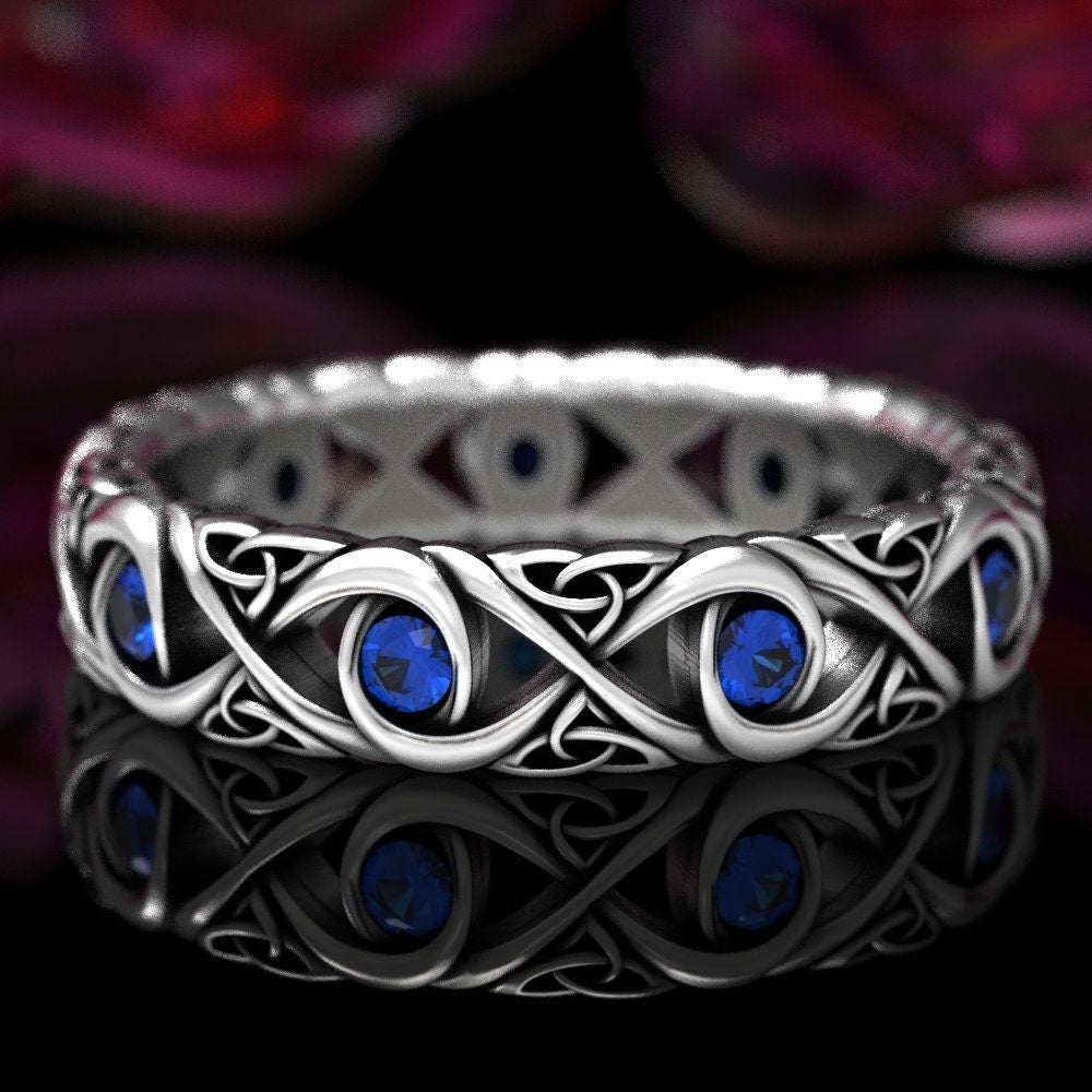 Celtic Knot Ring With Sapphires, Sterling Infinity Knot Ring, Trinity Knot Wedding Band, Celtic Sapphire Wedding Ring, Celtic Ring 1409