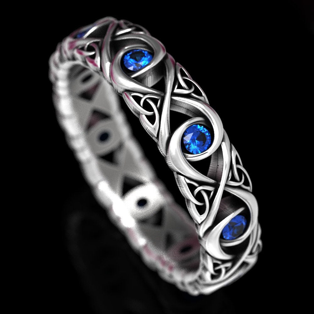 Celtic Knot Ring With Sapphires, Sterling Infinity Knot Ring, Trinity Knot Wedding Band, Celtic Sapphire Wedding Ring, Celtic Ring 1409
