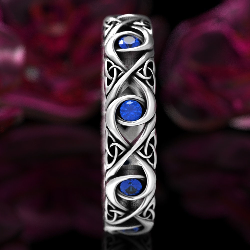 Celtic Knot Ring With Sapphires, Sterling Infinity Knot Ring, Trinity Knot Wedding Band, Celtic Sapphire Wedding Ring, Celtic Ring 1409