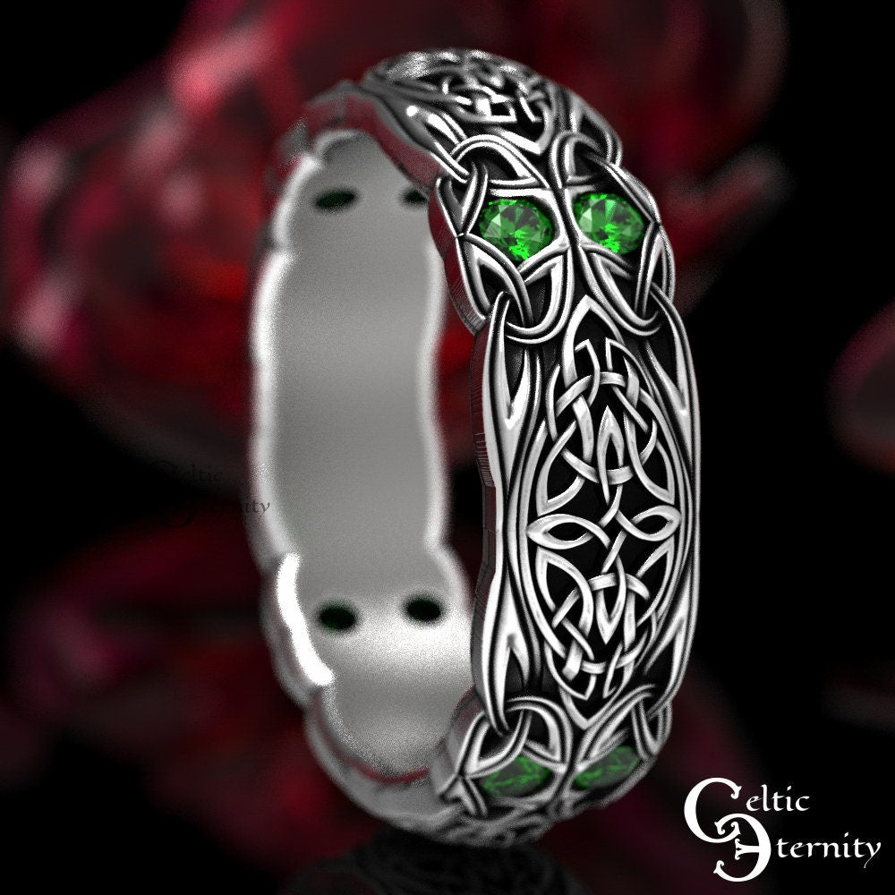Sterling & Emerald Celtic Wedding Ring, Emerald Wedding Band, Celtic Wedding Band, Silver Eternity Ring, Emerald Celtic Ring, 1468