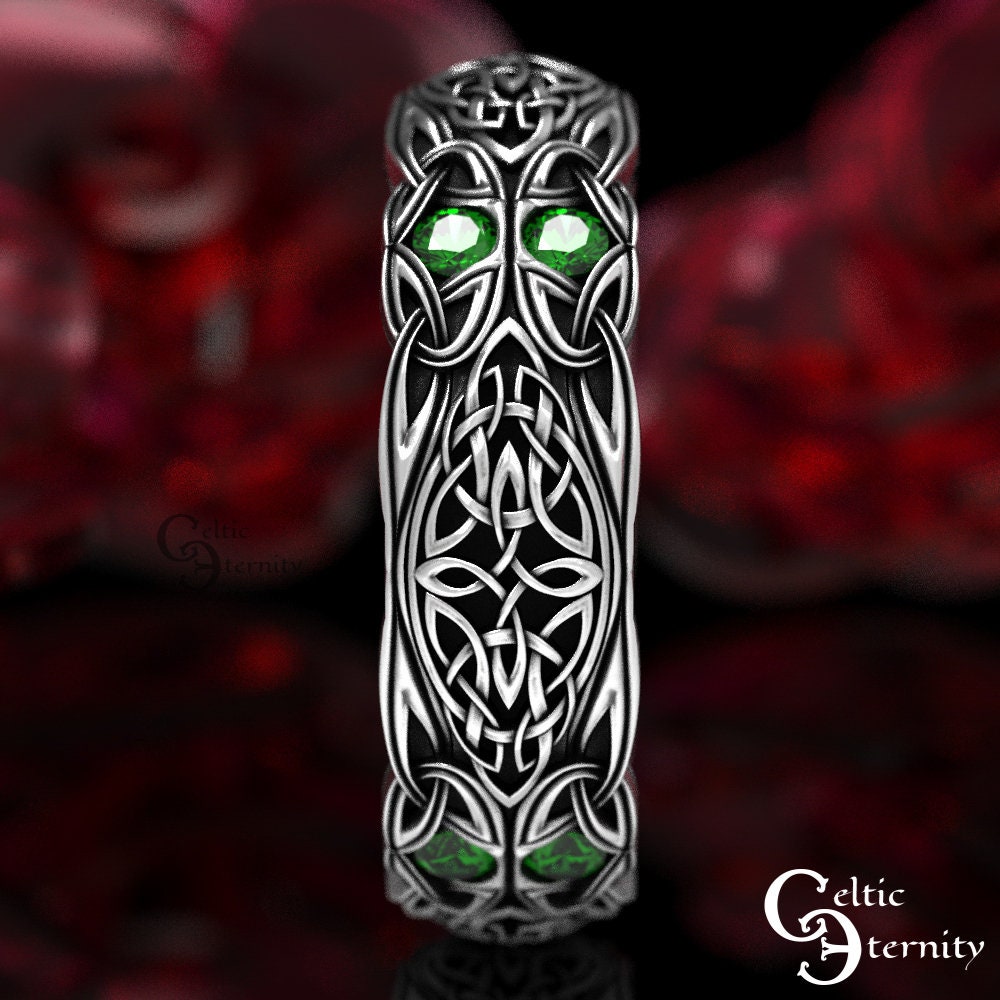 Sterling & Emerald Celtic Wedding Ring, Emerald Wedding Band, Celtic Wedding Band, Silver Eternity Ring, Emerald Celtic Ring, 1468