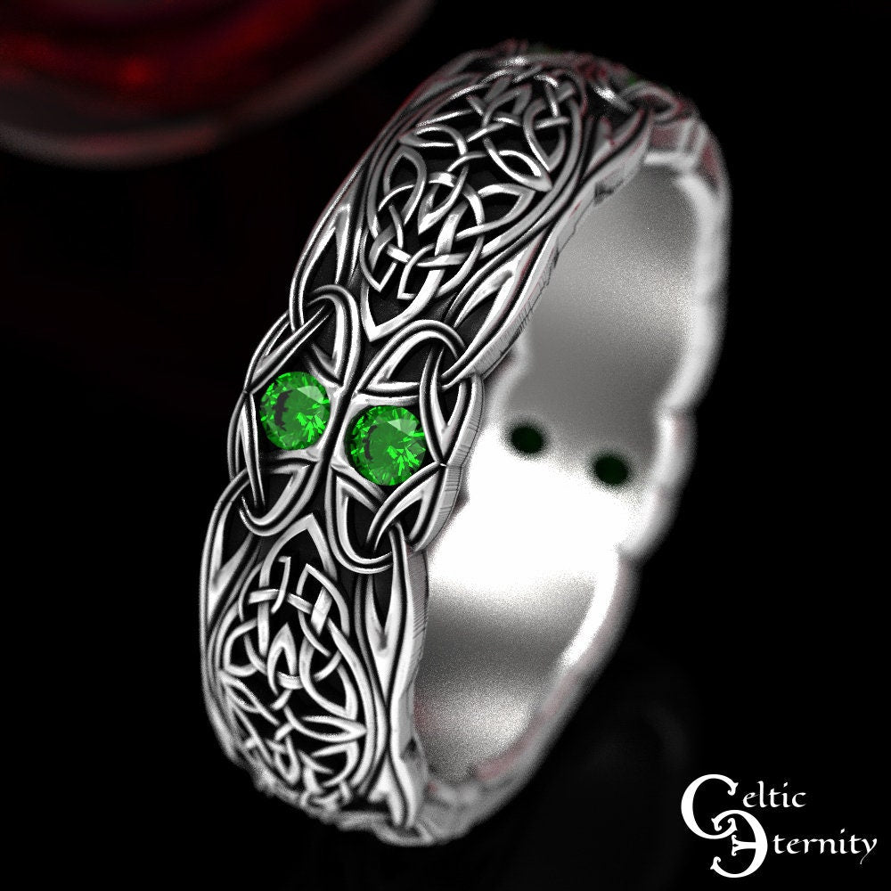 Sterling & Emerald Celtic Wedding Ring, Emerald Wedding Band, Celtic Wedding Band, Silver Eternity Ring, Emerald Celtic Ring, 1468