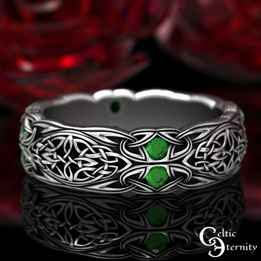 Sterling & Emerald Celtic Wedding Ring, Emerald Wedding Band, Celtic Wedding Band, Silver Eternity Ring, Emerald Celtic Ring, 1468