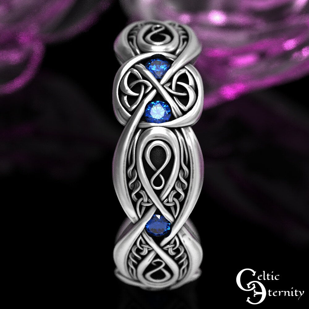 Celtic Infinity Ring, Sterling Silver Sapphire Ring, Eternity Wedding Band, Celtic Wedding Band, Love Knot Ring, Sapphire Wedding Band, 1411