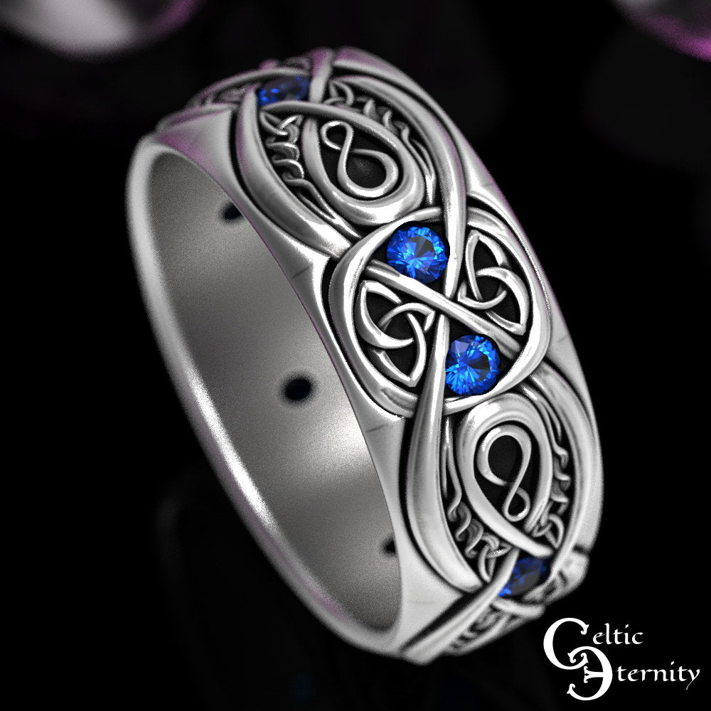 Mens Celtic Wedding Band, Sterling & Sapphire, Wide Wedding Band, Mens Infinity Ring, Mens Celtic Ring, Mens Infinity Wedding Ring, 1642