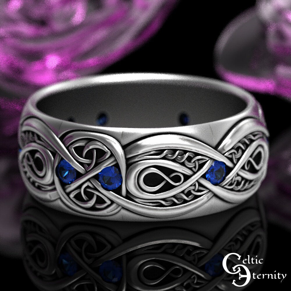 Mens Celtic Wedding Band, Sterling & Sapphire, Wide Wedding Band, Mens Infinity Ring, Mens Celtic Ring, Mens Infinity Wedding Ring, 1642