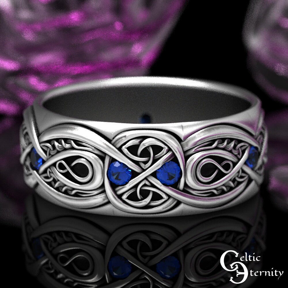 Mens Celtic Wedding Band, Sterling & Sapphire, Wide Wedding Band, Mens Infinity Ring, Mens Celtic Ring, Mens Infinity Wedding Ring, 1642