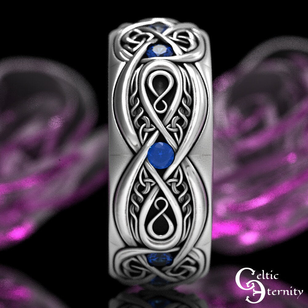 Mens Celtic Wedding Band, Sterling & Sapphire, Wide Wedding Band, Mens Infinity Ring, Mens Celtic Ring, Mens Infinity Wedding Ring, 1642