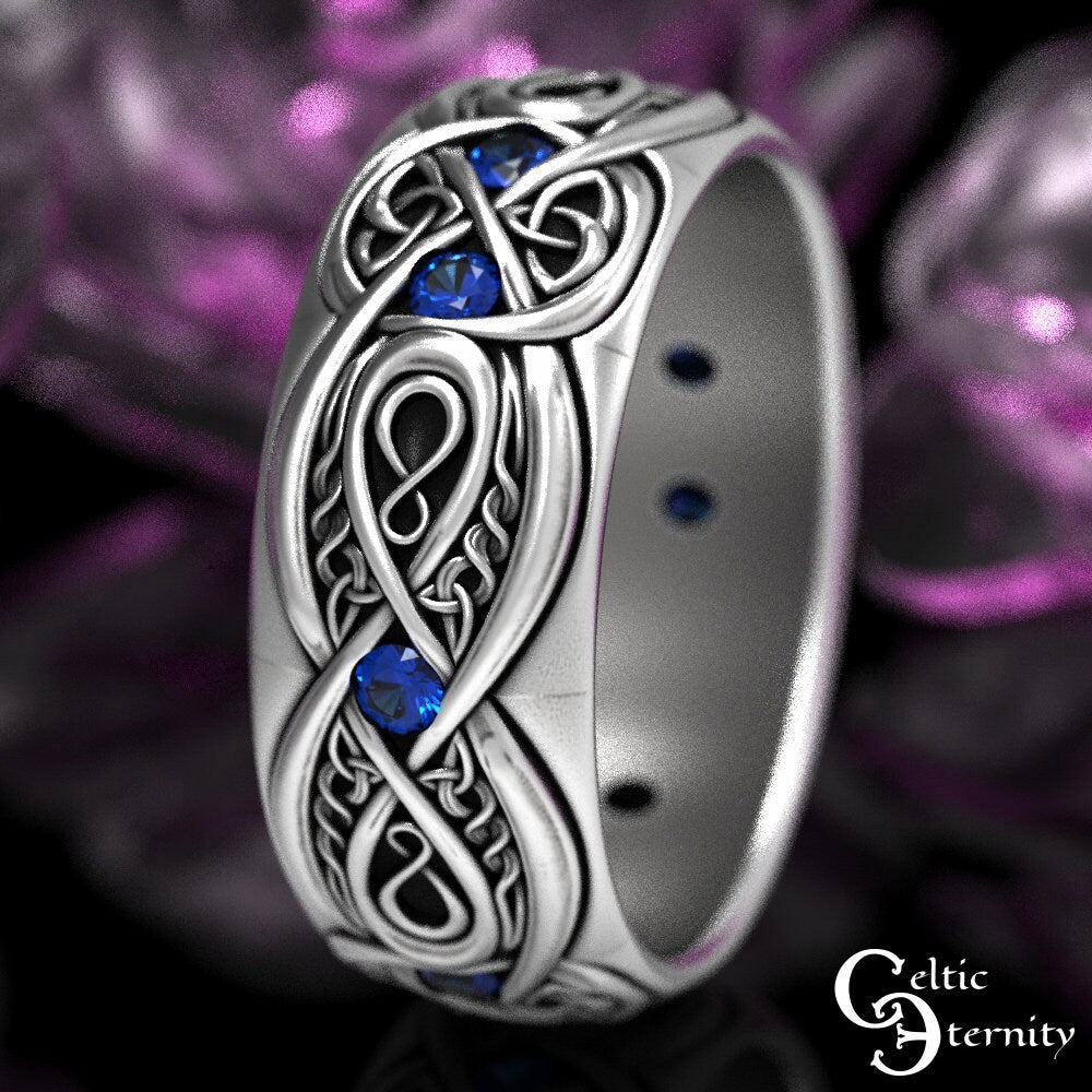 Mens Celtic Wedding Band, Sterling & Sapphire, Wide Wedding Band, Mens Infinity Ring, Mens Celtic Ring, Mens Infinity Wedding Ring, 1642