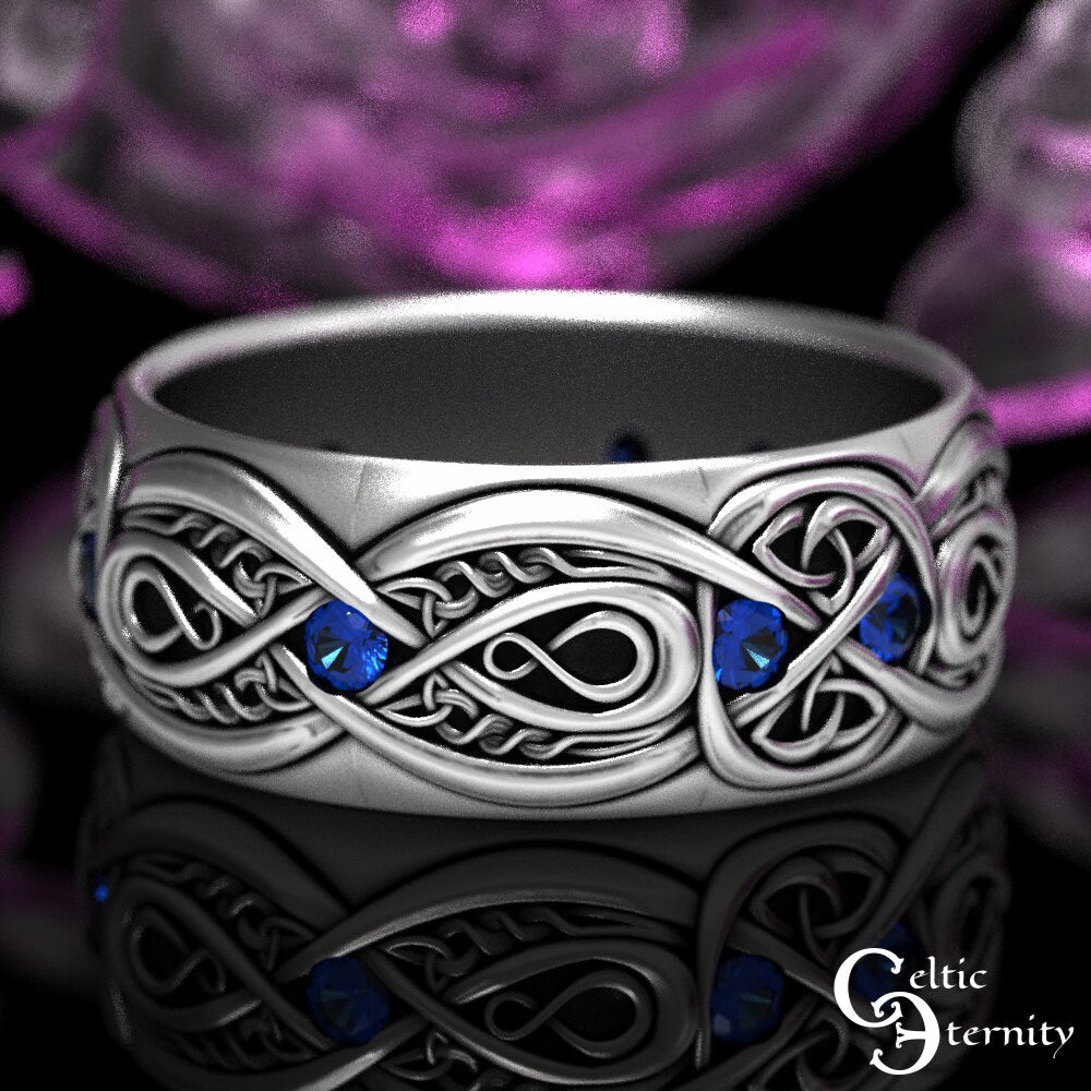Mens Celtic Wedding Band, Sterling & Sapphire, Wide Wedding Band, Mens Infinity Ring, Mens Celtic Ring, Mens Infinity Wedding Ring, 1642