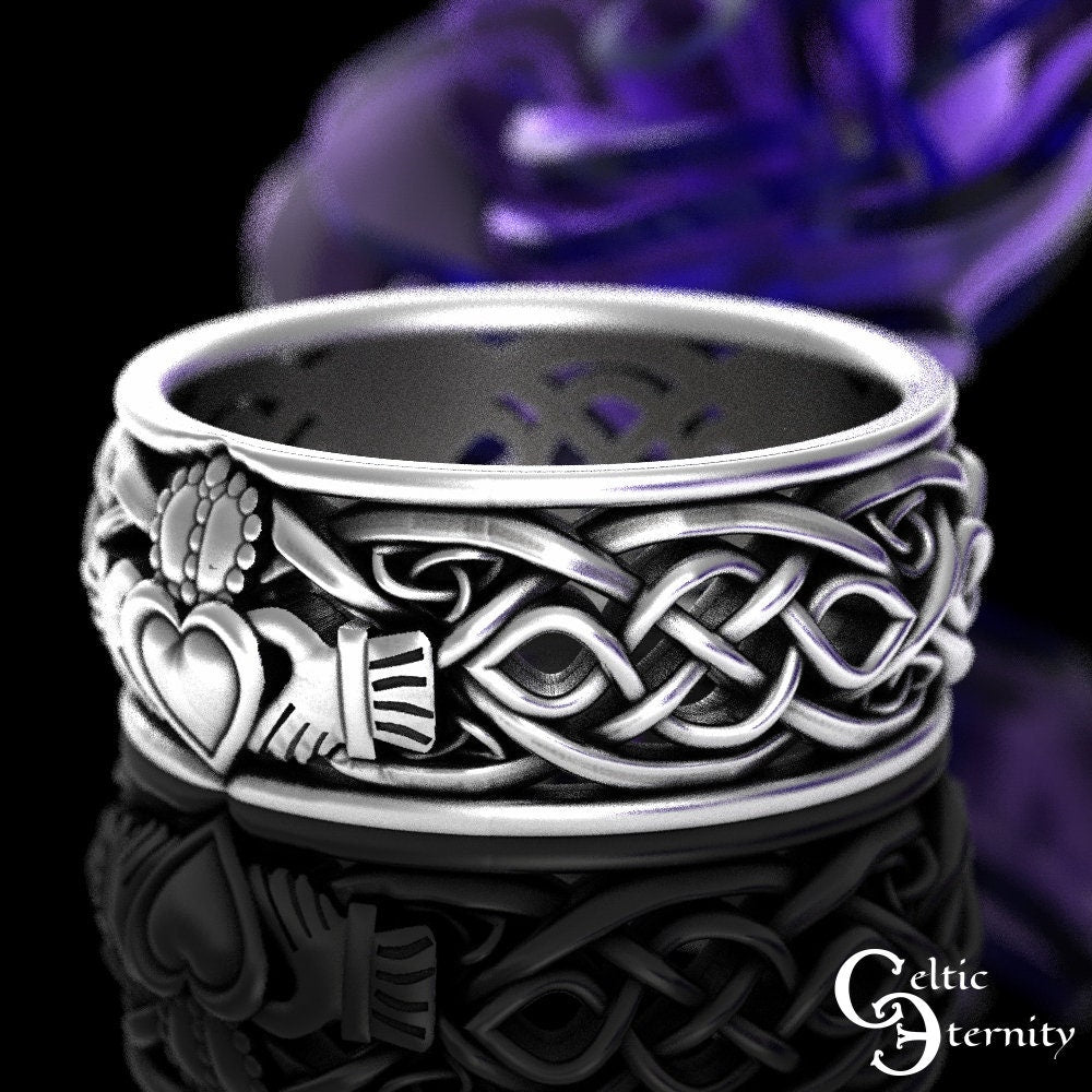 Mens Sterling Silver Claddagh Ring, Modern Claddagh Wedding Ring, Celtic Trinity Knot Silver Heart Ring, Irish Love Ring, Claddagh, 1687