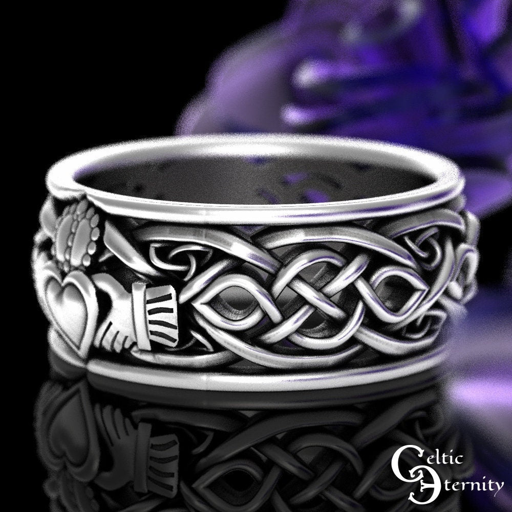 Mens Sterling Silver Claddagh Ring, Modern Claddagh Wedding Ring, Celtic Trinity Knot Silver Heart Ring, Irish Love Ring, Claddagh, 1687