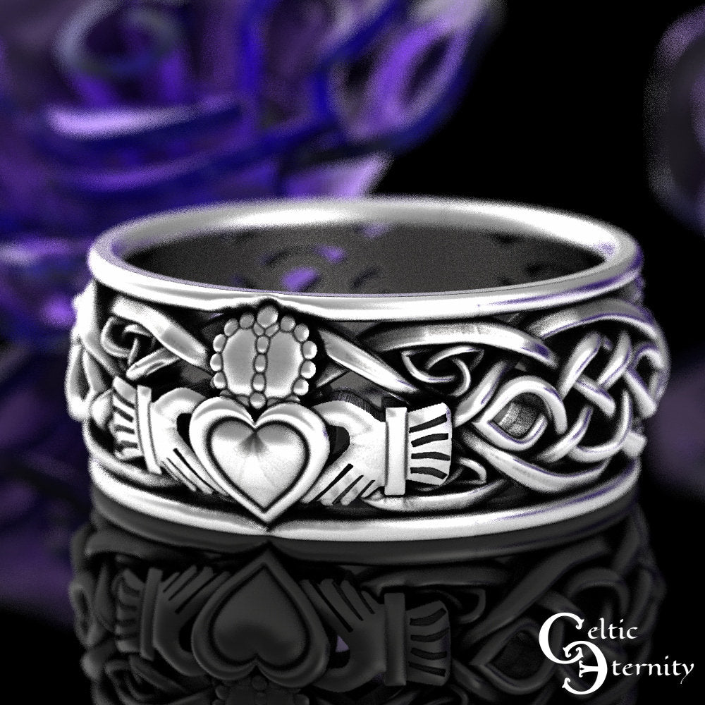 His Hers Sterling Claddagh Ring Set, Modern Claddagh Wedding Rings, Matching Celtic Wedding Bands, Irish Love Rings, 1683 1687
