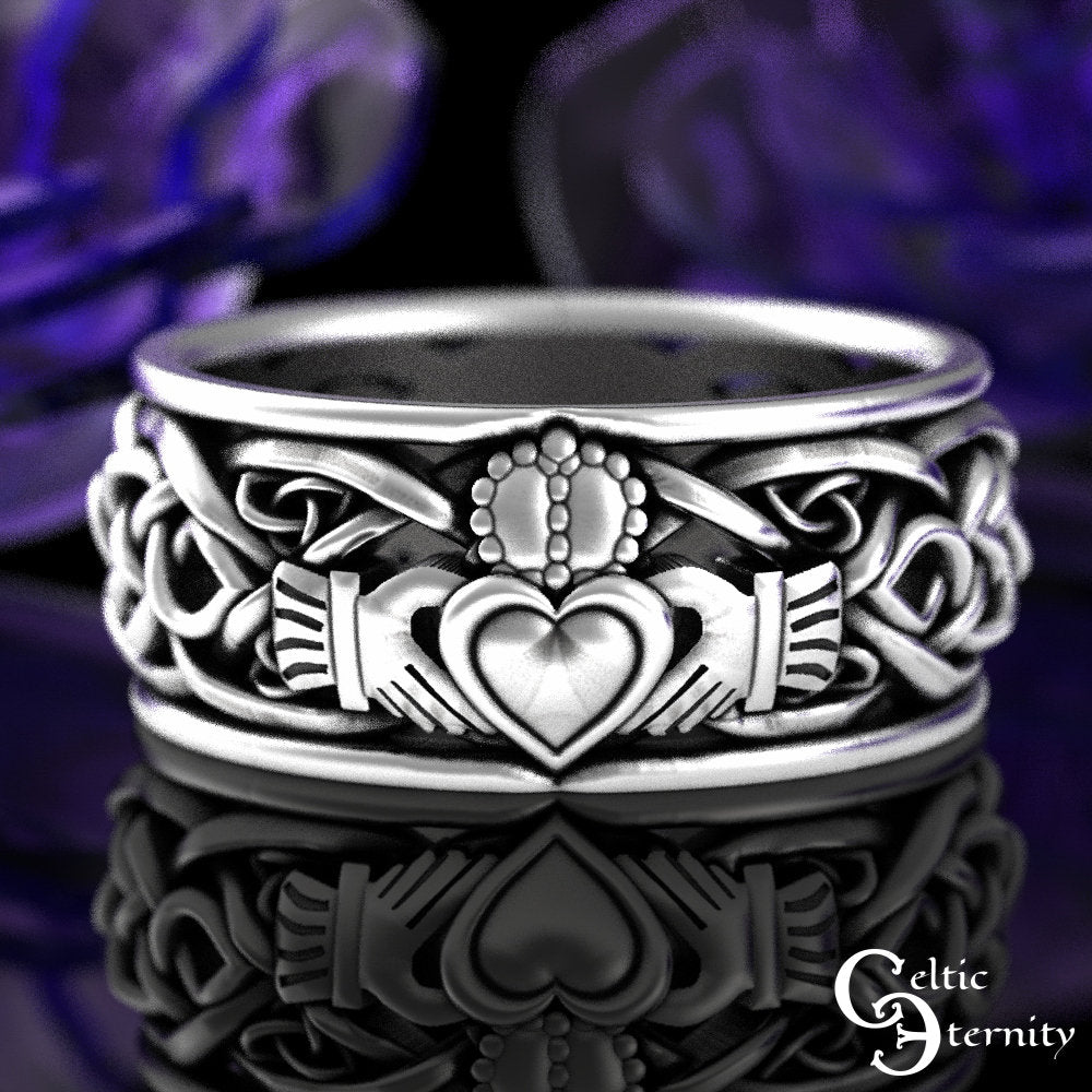 His Hers Sterling Claddagh Ring Set, Modern Claddagh Wedding Rings, Matching Celtic Wedding Bands, Irish Love Rings, 1683 1687