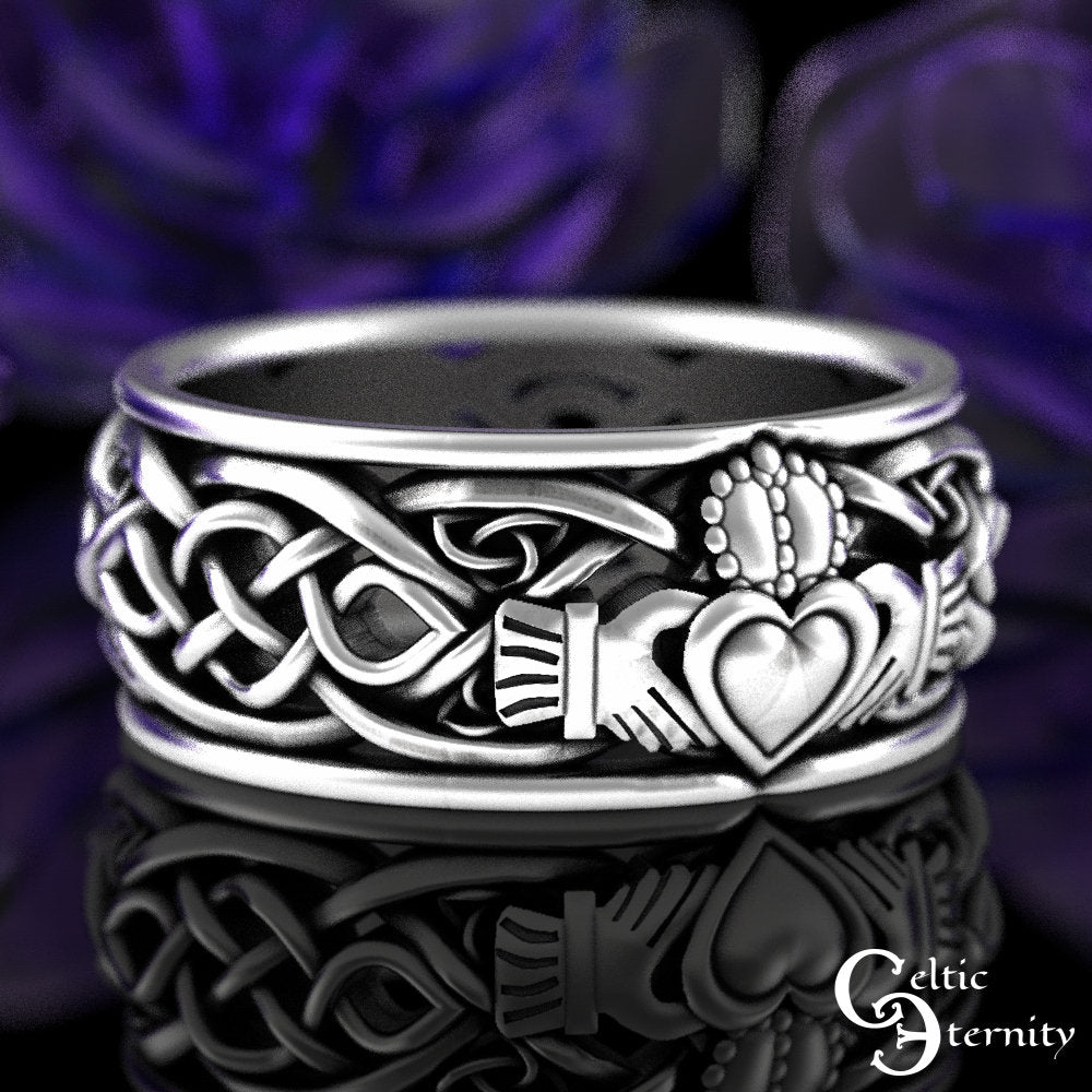 His Hers Sterling Claddagh Ring Set, Modern Claddagh Wedding Rings, Matching Celtic Wedding Bands, Irish Love Rings, 1683 1687