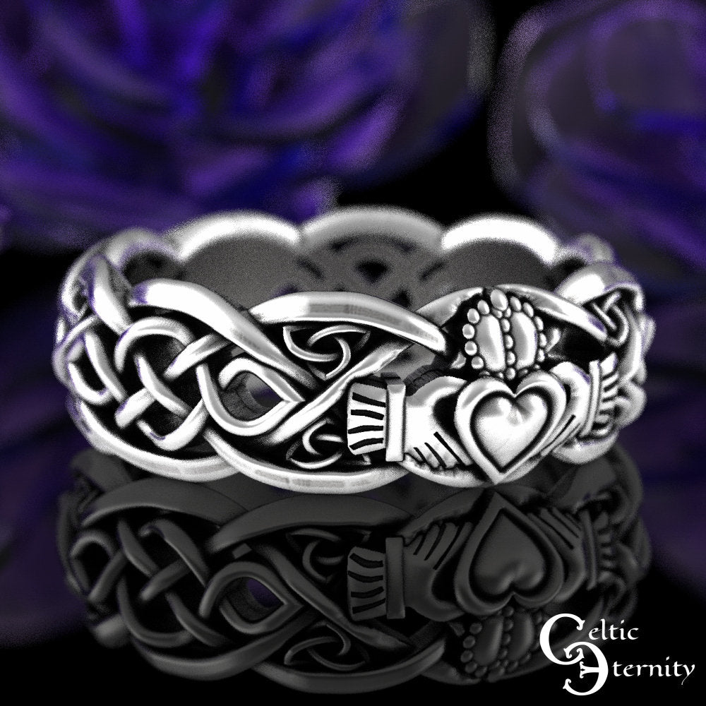 His Hers Sterling Claddagh Ring Set, Modern Claddagh Wedding Rings, Matching Celtic Wedding Bands, Irish Love Rings, 1683 1687