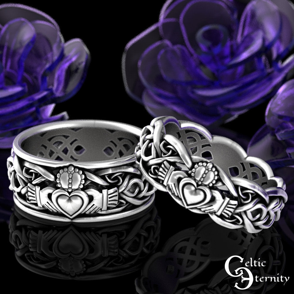 His Hers Sterling Claddagh Ring Set, Modern Claddagh Wedding Rings, Matching Celtic Wedding Bands, Irish Love Rings, 1683 1687