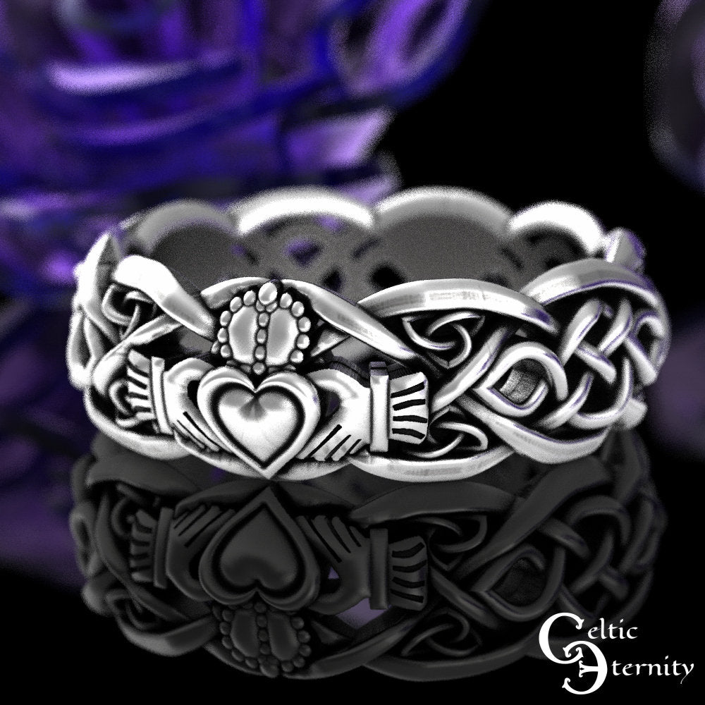 His Hers Sterling Claddagh Ring Set, Modern Claddagh Wedding Rings, Matching Celtic Wedding Bands, Irish Love Rings, 1683 1687