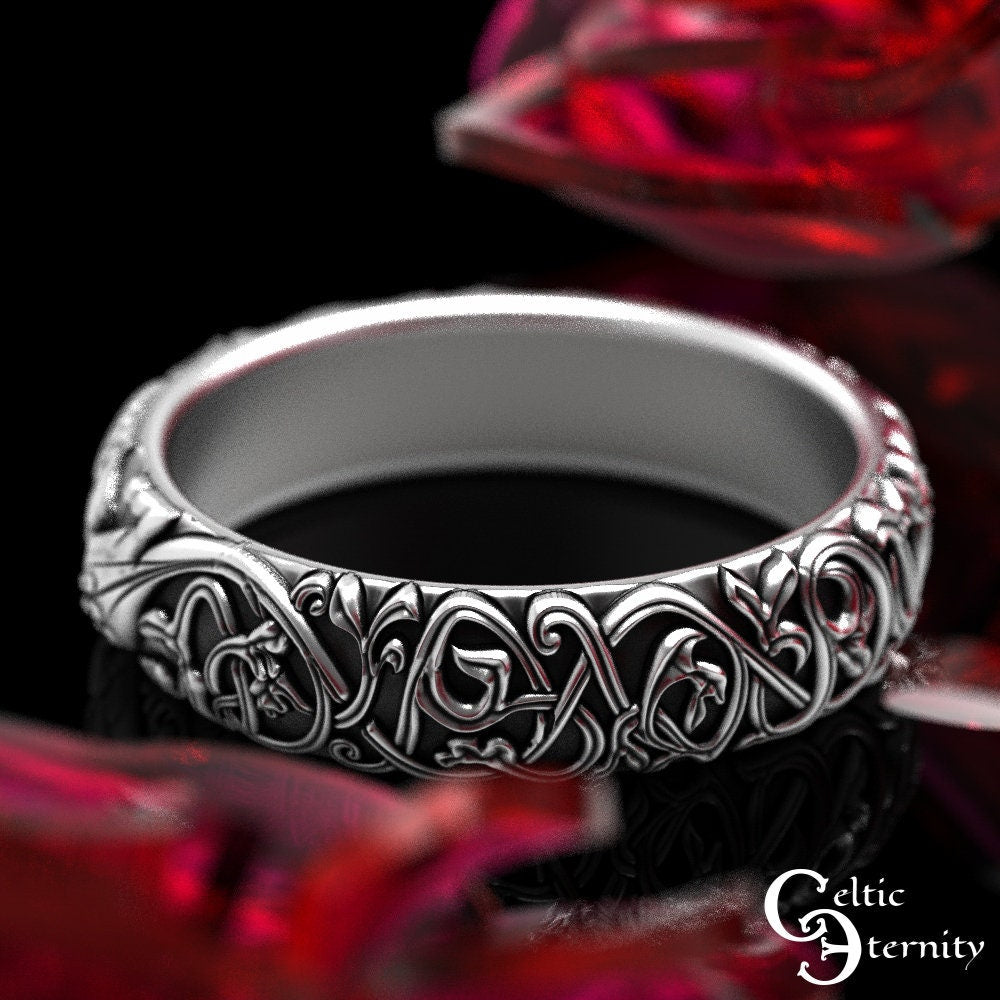 Norse Dragon Ring, Sterling Celtic Dragon Wedding Band, Womens Dragon Ring, Entwined Dragons Ring, Silver Viking Dragon Ring, 1803